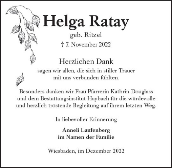 Traueranzeige von Helga Ratay von vrm-trauer Wiesbadener Kurier