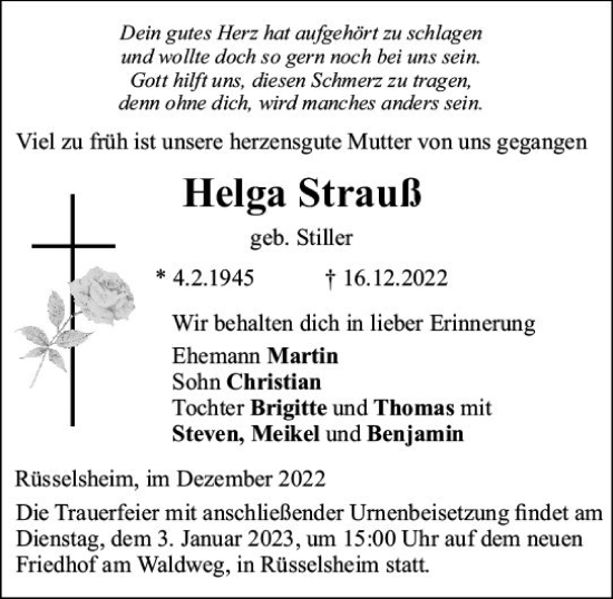 Traueranzeige von Helga Strauß von vrm-trauer Rüsselsheimer Echo / MainSpitze
