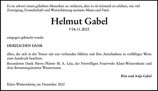 Traueranzeige von Helmut Gabel von vrm-trauer AZ Mainz