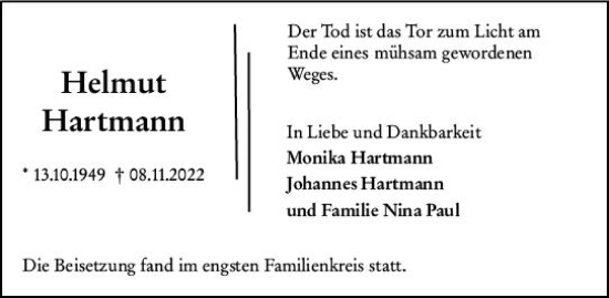 Traueranzeige von Helmut Hartmann von vrm-trauer Rüsselsheimer Echo / MainSpitze