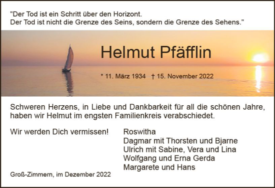 Traueranzeige von Helmut Pfäfflin von vrm-trauer Darmstädter Echo