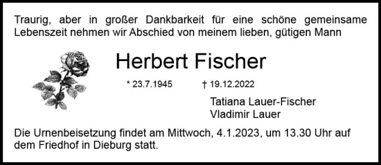 Traueranzeige von Herbert Fischer von vrm-trauer DieburgerAnzeiger/Groß-Zimmerner Lokala