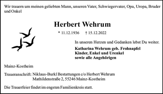 Traueranzeige von Herbert Wehrum von vrm-trauer AZ Mainz