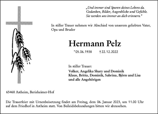 Traueranzeige von Hermann Pelz von vrm-trauer Rüsselsheimer Echo / MainSpitze