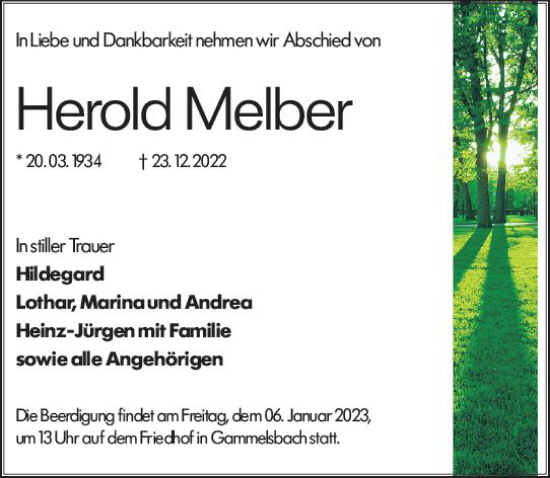 Traueranzeige von Herold Melber von vrm-trauer Odenwälder Echo