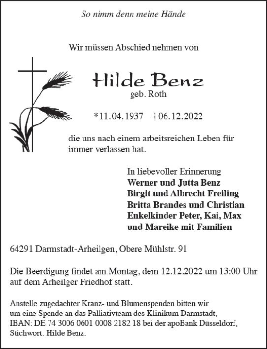 Traueranzeige von Hilde Benz von vrm-trauer Darmstädter Echo