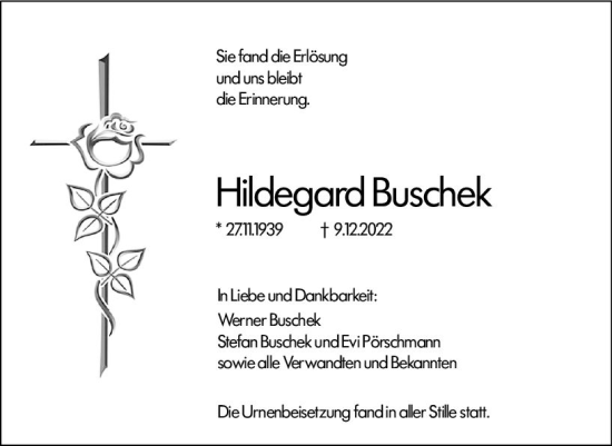 Traueranzeige von Hildegard Buschek von vrm-trauer Wormser Zeitung