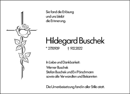Traueranzeige von Hildegard Buschek von vrm-trauer Wormser Zeitung