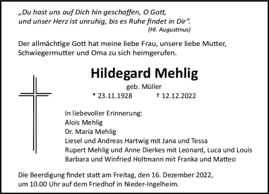 Traueranzeige von Hildegard Mehlig von vrm-trauer Allgemeine  Zeitung Ingelheim-Bingen