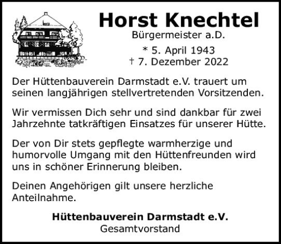 Traueranzeige von Horst Knechte von vrm-trauer Darmstädter Echo