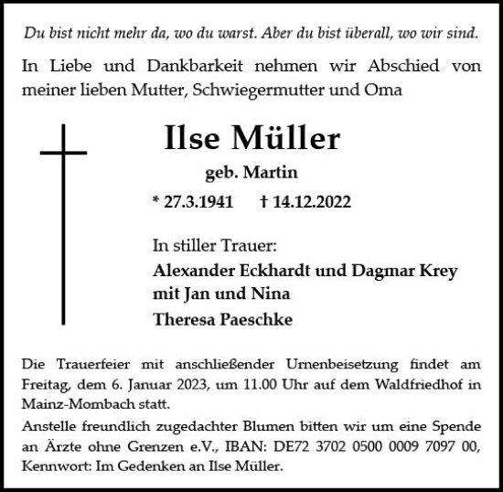 Traueranzeige von Ilse Müller von vrm-trauer AZ Mainz