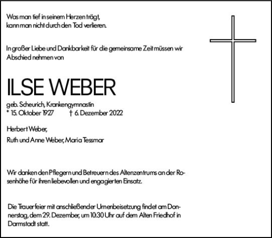 Traueranzeige von Ilse Weber von vrm-trauer Darmstädter Echo