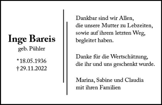 Traueranzeige von Inge Bareis von vrm-trauer Darmstädter Echo
