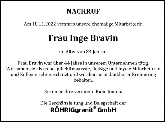 Traueranzeige von Inge Bravin von vrm-trauer Bergsträßer Anzeiger