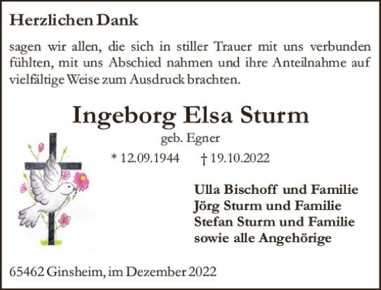 Traueranzeige von Ingeborg Elsa Sturm von vrm-trauer Rüsselsheimer Echo / MainSpitze