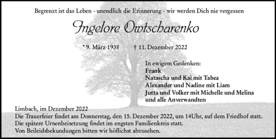 Traueranzeige von Ingelore Owtscharenko von vrm-trauer Allg. Zeitung Bad Kreuznach