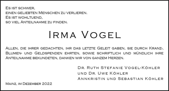 Traueranzeige von Irma Vogel von vrm-trauer AZ Mainz