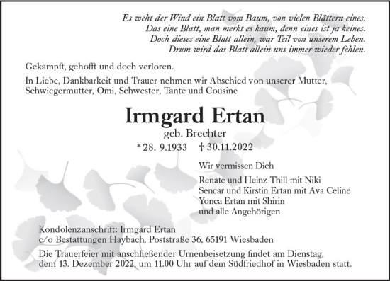 Traueranzeige von Irmgard Ertan von vrm-trauer Wiesbadener Kurier