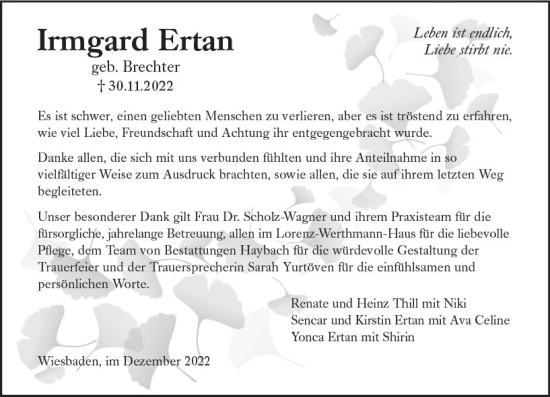 Traueranzeige von Irmgard Ertan von vrm-trauer Wiesbadener Kurier