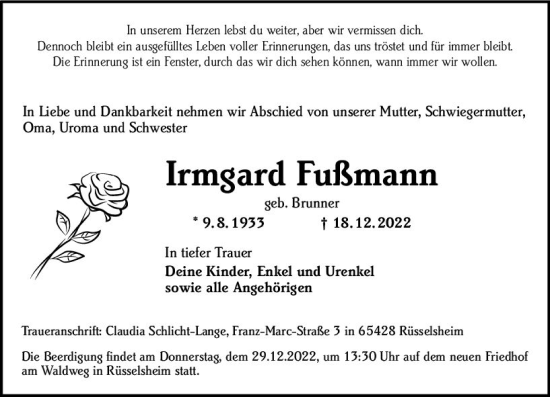 Traueranzeige von Irmgard Fußmann von vrm-trauer Rüsselsheimer Echo / MainSpitze