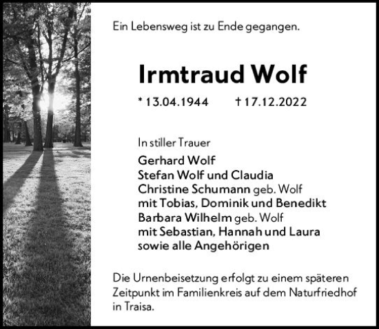 Traueranzeige von Irmtraud Wolf von vrm-trauer Darmstädter Echo