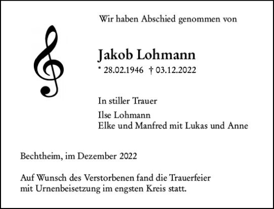 Traueranzeige von Jakob Lohmann von vrm-trauer Wormser Zeitung