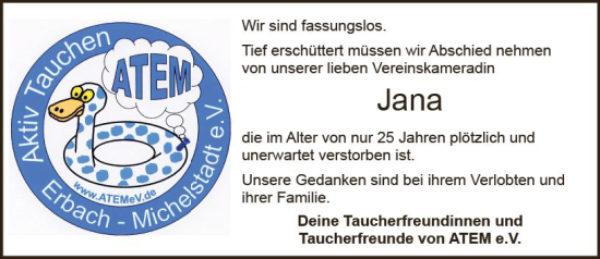 Traueranzeige von Jana  von vrm-trauer Odenwälder Echo