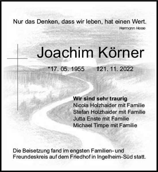 Traueranzeige von Joachim Körner von vrm-trauer Allgemeine  Zeitung Ingelheim-Bingen