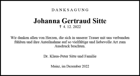Traueranzeige von Johanna Gertraud Sitte von vrm-trauer AZ Mainz