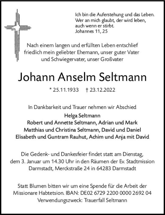 Traueranzeige von Johann Anselm Seltmann von vrm-trauer Darmstädter Echo