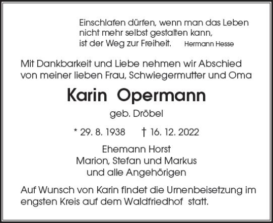 Traueranzeige von Karin Opermann von vrm-trauer Darmstädter Echo