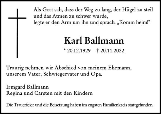 Traueranzeige von Karl Ballmann von vrm-trauer Darmstädter Echo