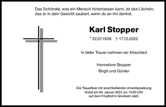 Traueranzeige von Karl Stopper von vrm-trauer Rüsselsheimer Echo / MainSpitze