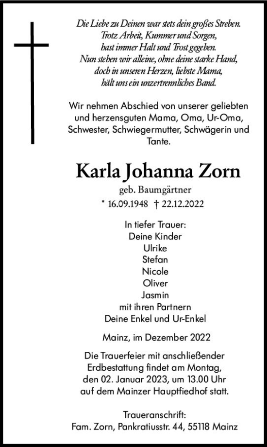 Traueranzeige von Karla Johanna Zorn von vrm-trauer AZ Mainz