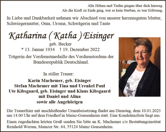 Traueranzeige von Katharina  Eisinger von vrm-trauer AZ Mainz