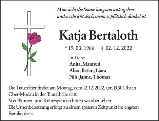 Traueranzeige von Katja Bertaloth von vrm-trauer Darmstädter Echo