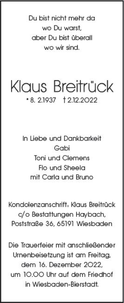 Traueranzeige von Klaus Breitrück von vrm-trauer Wiesbadener Kurier