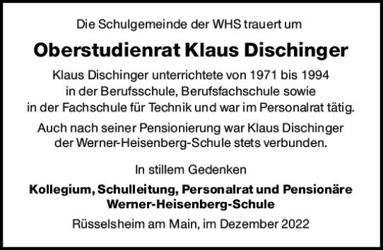 Traueranzeige von Klaus Dischinger von vrm-trauer Rüsselsheimer Echo / MainSpitze