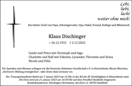 Traueranzeige von Klaus Dischinger von vrm-trauer Rüsselsheimer Echo / MainSpitze