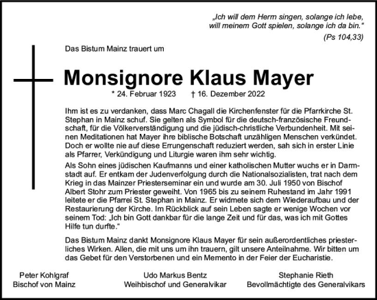 Traueranzeige von Klaus Mayer von vrm-trauer AZ Mainz