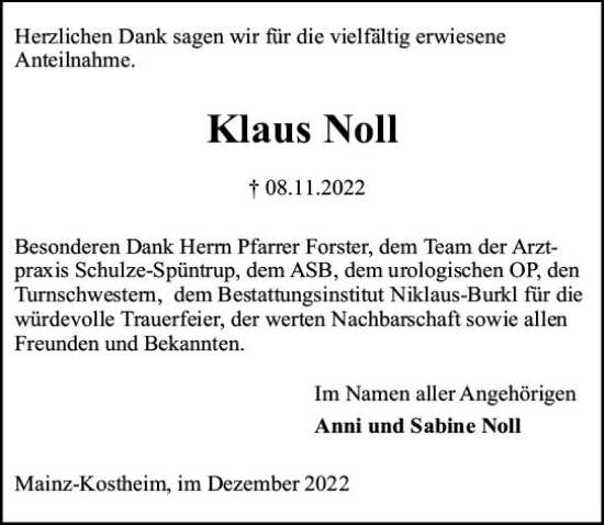 Traueranzeige von Klaus Noll von vrm-trauer AZ Mainz