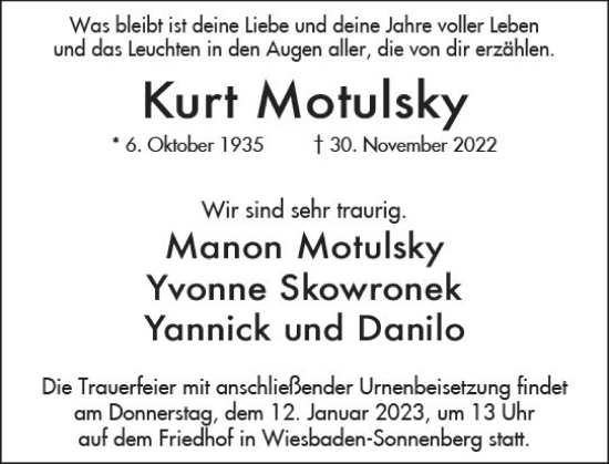 Traueranzeige von Kurt Motulsky von vrm-trauer Wiesbadener Kurier