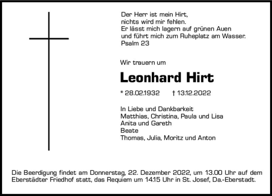 Traueranzeige von Leonhard Hirt von vrm-trauer Darmstädter Echo