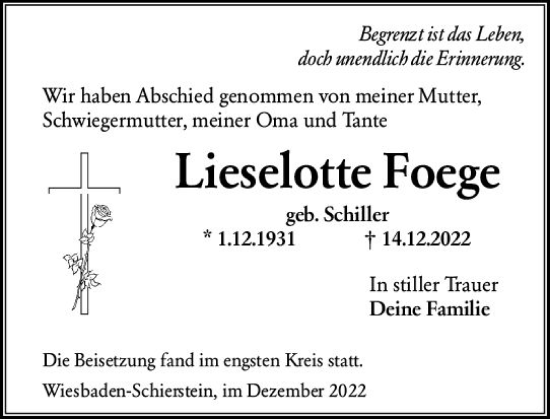 Traueranzeige von Lieselotte Foege von vrm-trauer Wiesbadener Kurier
