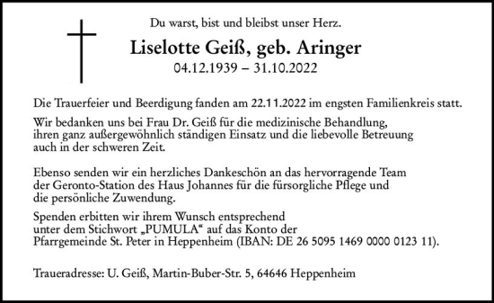 Traueranzeige von Liselotte Geiß von vrm-trauer Bürstädter/Lamperth. Ztg/Starkenburger