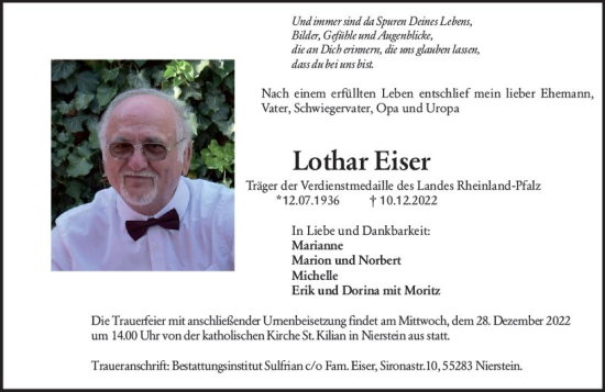 Traueranzeige von Lothar Eiser von vrm-trauer AZ Mainz
