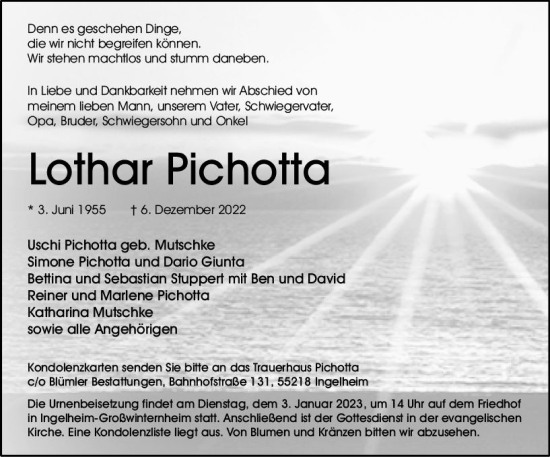 Traueranzeige von Lothar Pichotta von vrm-trauer Allgemeine  Zeitung Ingelheim-Bingen