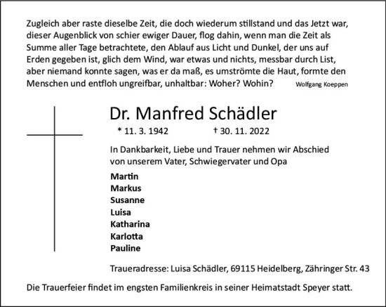 Traueranzeige von Manfred Schädler von vrm-trauer Odenwälder Echo