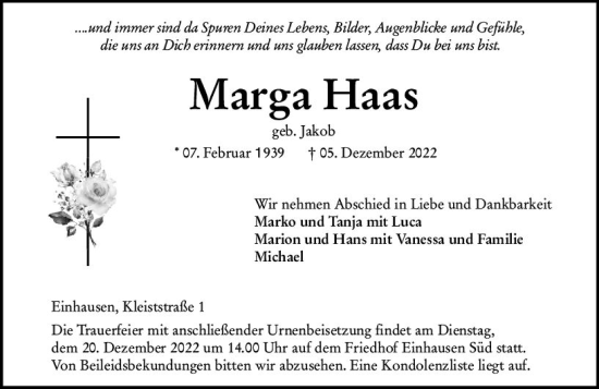 Traueranzeige von Marga Haas von vrm-trauer Bürstädter/Lamperth. Ztg/Starkenburger