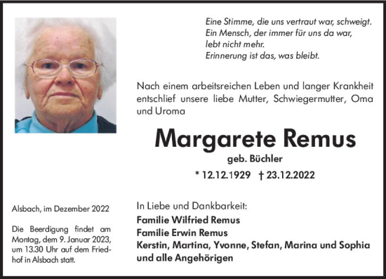 Traueranzeige von Margarete Remus von vrm-trauer Darmstädter Echo